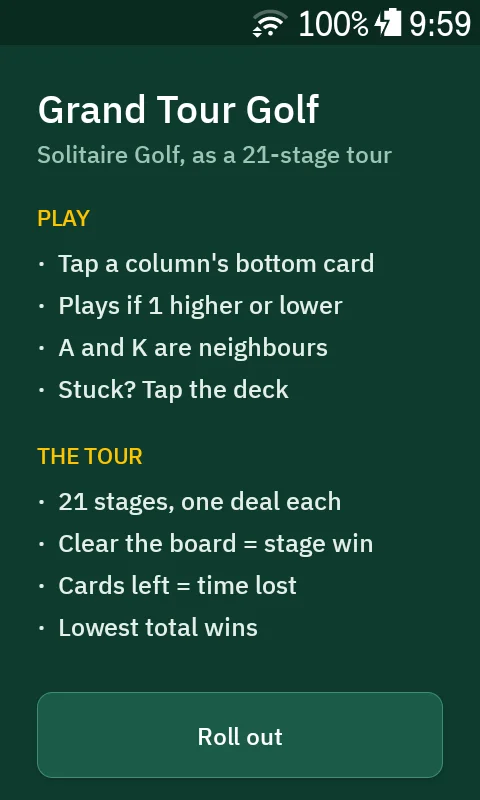 The rules screen: Solitaire Golf as a 21-stage tour
